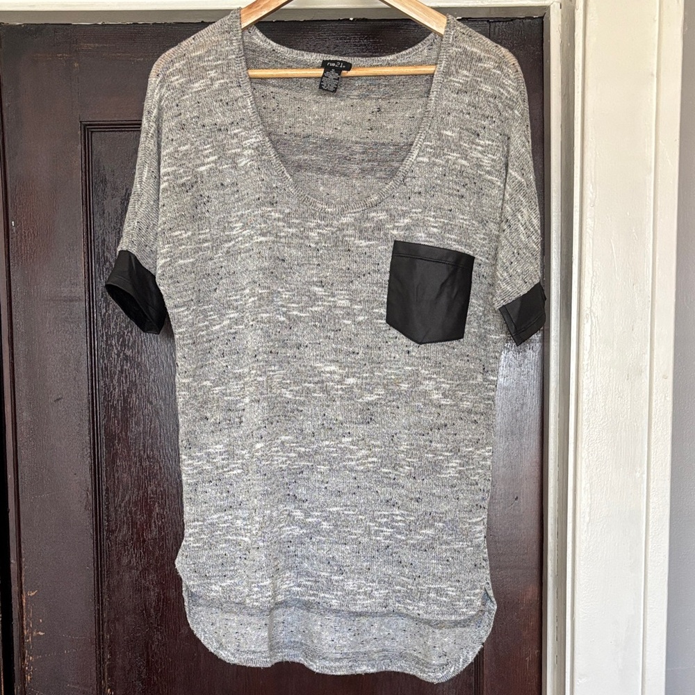 Rue21 Gray Scoop Neck Tee with Black Pocket & Trim